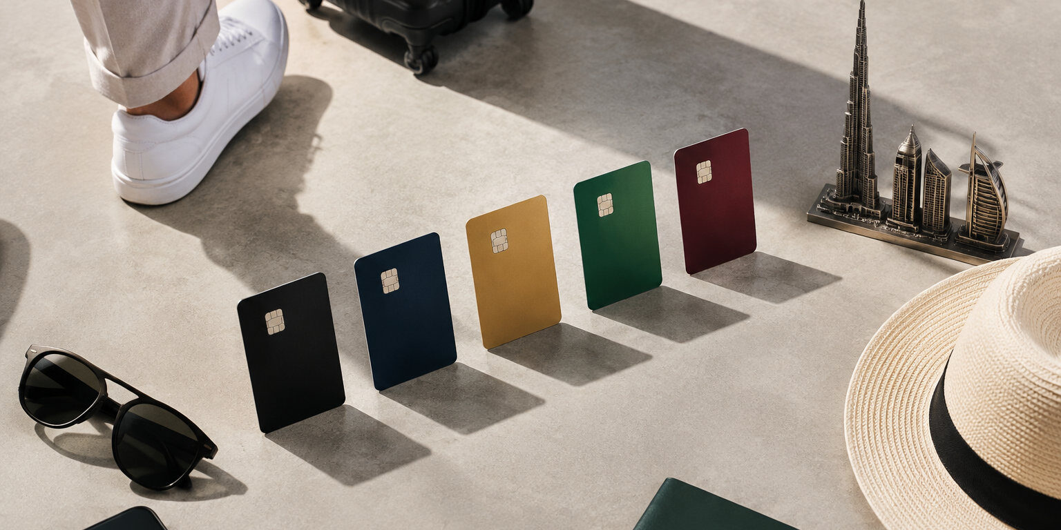 Cinq cartes bancaires colorées alignées au sol avec des accessoires de voyage et des miniatures de monuments de Dubaï.