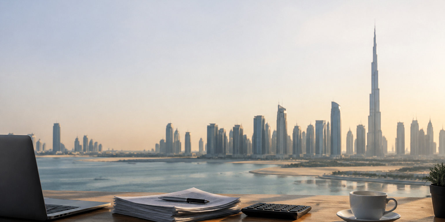 Coûts cachés d’une entreprise à Dubaï Bureau avec ordinateur, documents et tasse de café face à la skyline de Dubaï au coucher du soleil.