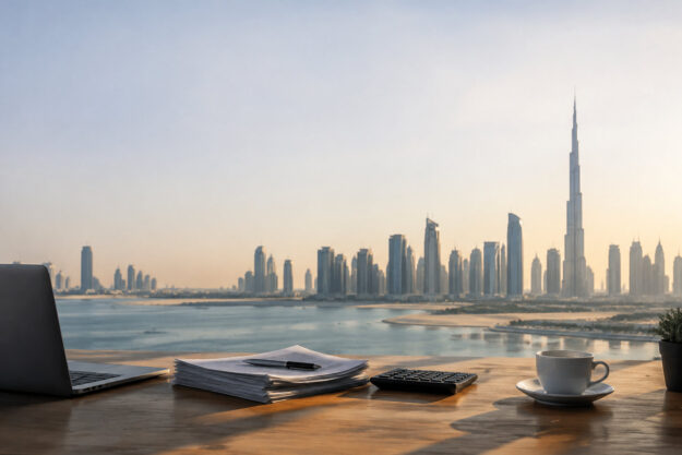 Bureau avec ordinateur, documents et tasse de café face à la skyline de Dubaï au coucher du soleil.