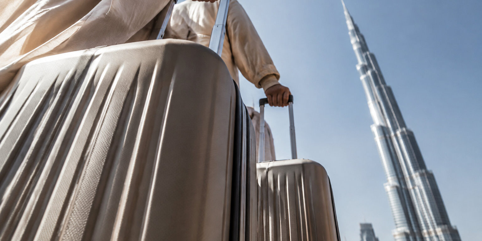 Personnes portant des valises avec la Burj Khalifa en arrière-plan à Dubaï.
