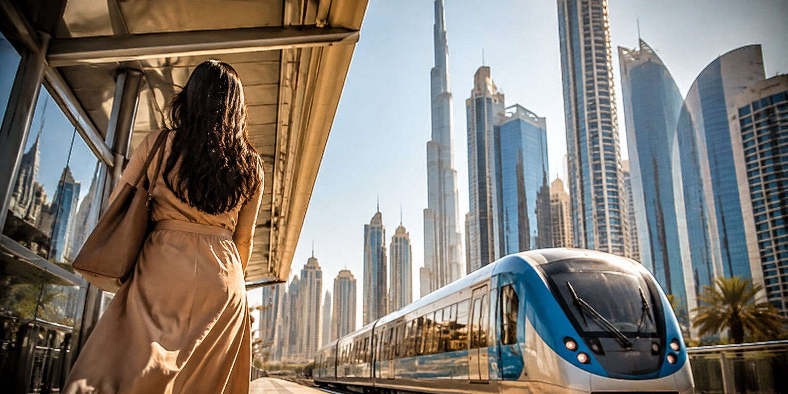 Une femme attend le métro à Dubaï avec la skyline et le Burj Khalifa en arrière-plan.