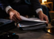 Gros plan sur les mains d'un homme en costume feuilletant des documents officiels sur un bureau sombre.