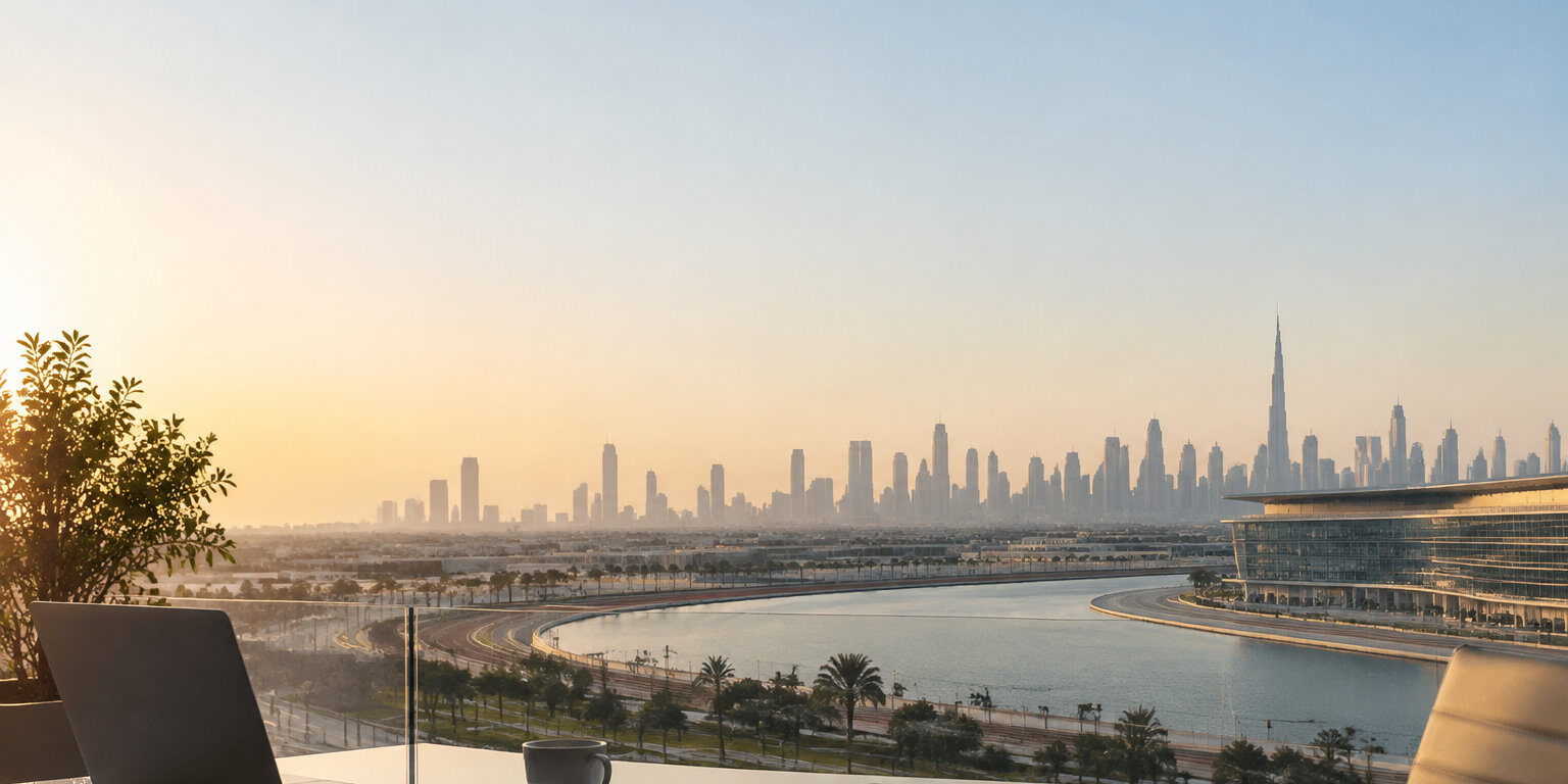 Bureau avec vue sur la skyline de Dubaï Un ordinateur portable, un café et un carnet sur une table avec une vue panoramique sur les gratte-ciels de Dubaï.