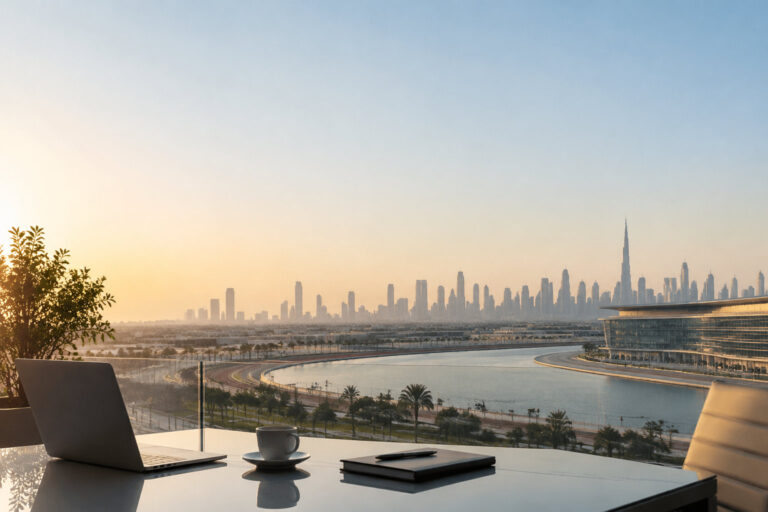Un ordinateur portable, un café et un carnet sur une table avec une vue panoramique sur les gratte-ciels de Dubaï.
