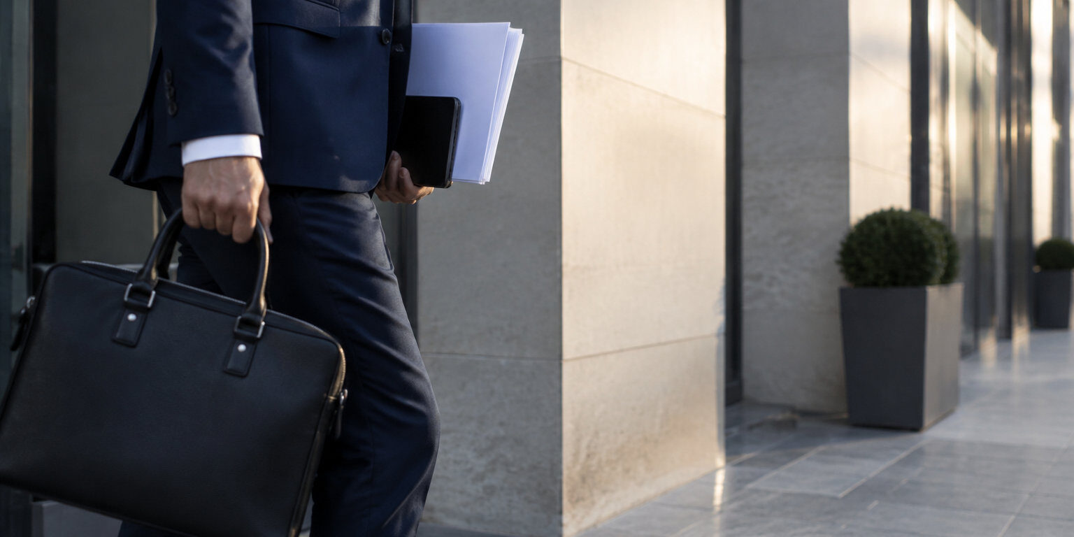 Ouverture d’un compte bancaire pro à Dubaï Un homme d'affaires en costume tenant une mallette et des documents devant un immeuble moderne.