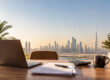 Un bureau en bois avec un ordinateur, des documents et une calculatrice devant la vue panoramique de Dubaï au soleil.