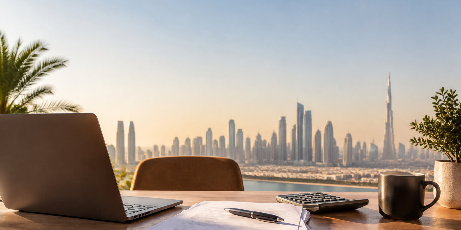 Travail à distance avec vue sur la skyline de Dubaï Un bureau en bois avec un ordinateur, des documents et une calculatrice devant la vue panoramique de Dubaï au soleil.