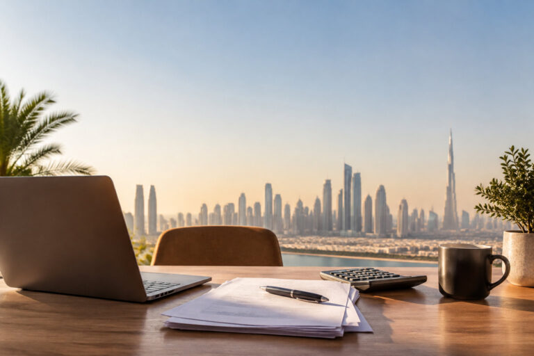 Un bureau en bois avec un ordinateur, des documents et une calculatrice devant la vue panoramique de Dubaï au soleil.