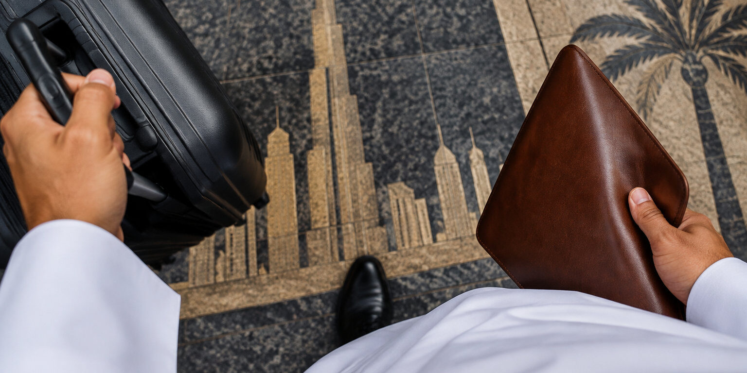 Un entrepreneur en kandoura tient une valise et une pochette en cuir sur un sol gravé d'une silhouette de Dubaï.