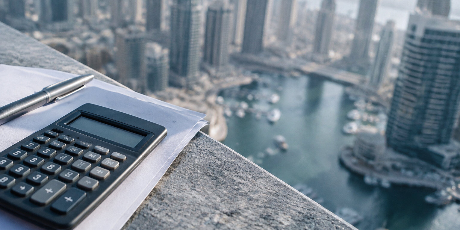 Fiscalité en zone franche à Dubaï Une calculatrice et un stylo sur une feuille de papier face à la skyline de Dubaï.