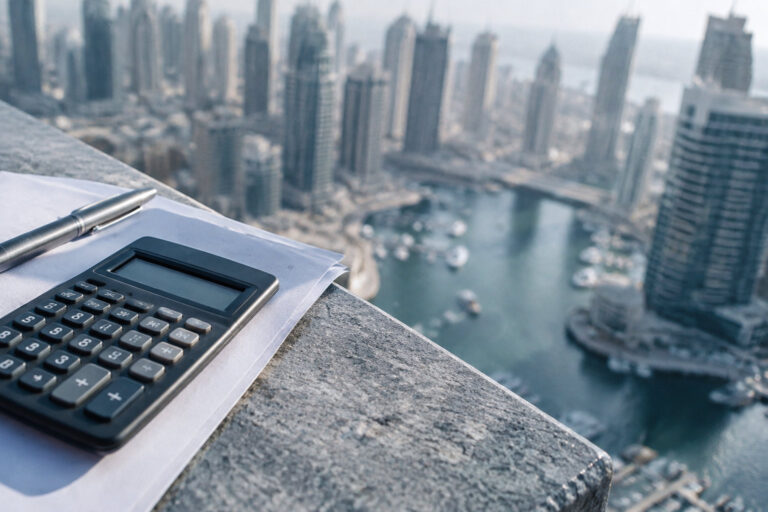 Une calculatrice et un stylo sur une feuille de papier face à la skyline de Dubaï.