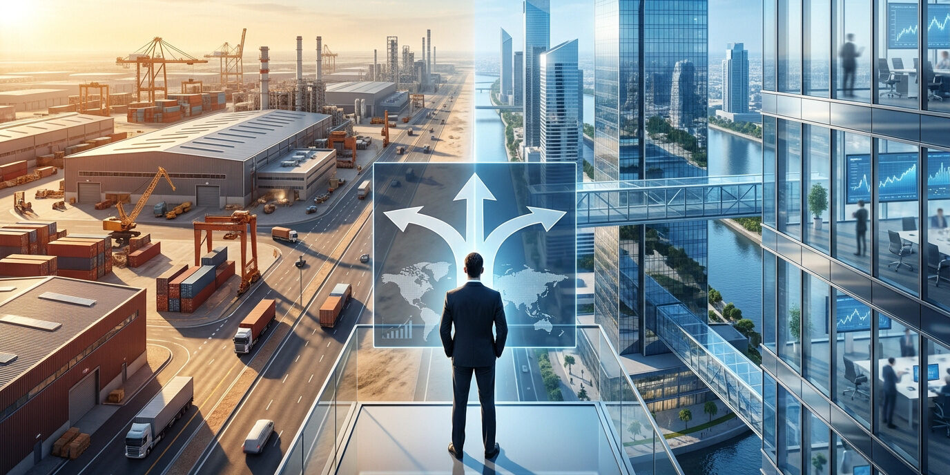 RAKEZ vs DMCC : le dilemme de votre zone franche Un homme d'affaires contemple une vue partagée entre une zone industrielle logistique et un centre d'affaires moderne.