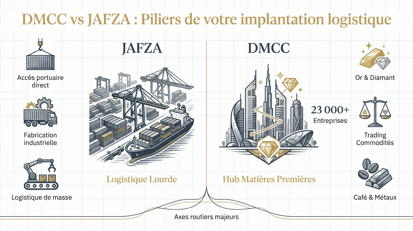 Comparaison logistique entre les zones franches DMCC et JAFZA à Dubaï