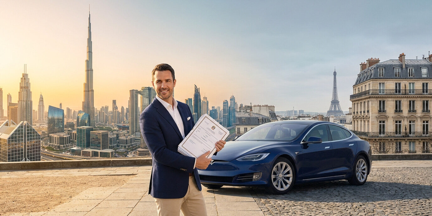 Un homme en costume tient des documents officiels devant une Tesla bleue, avec Dubaï et Paris en arrière-plan.