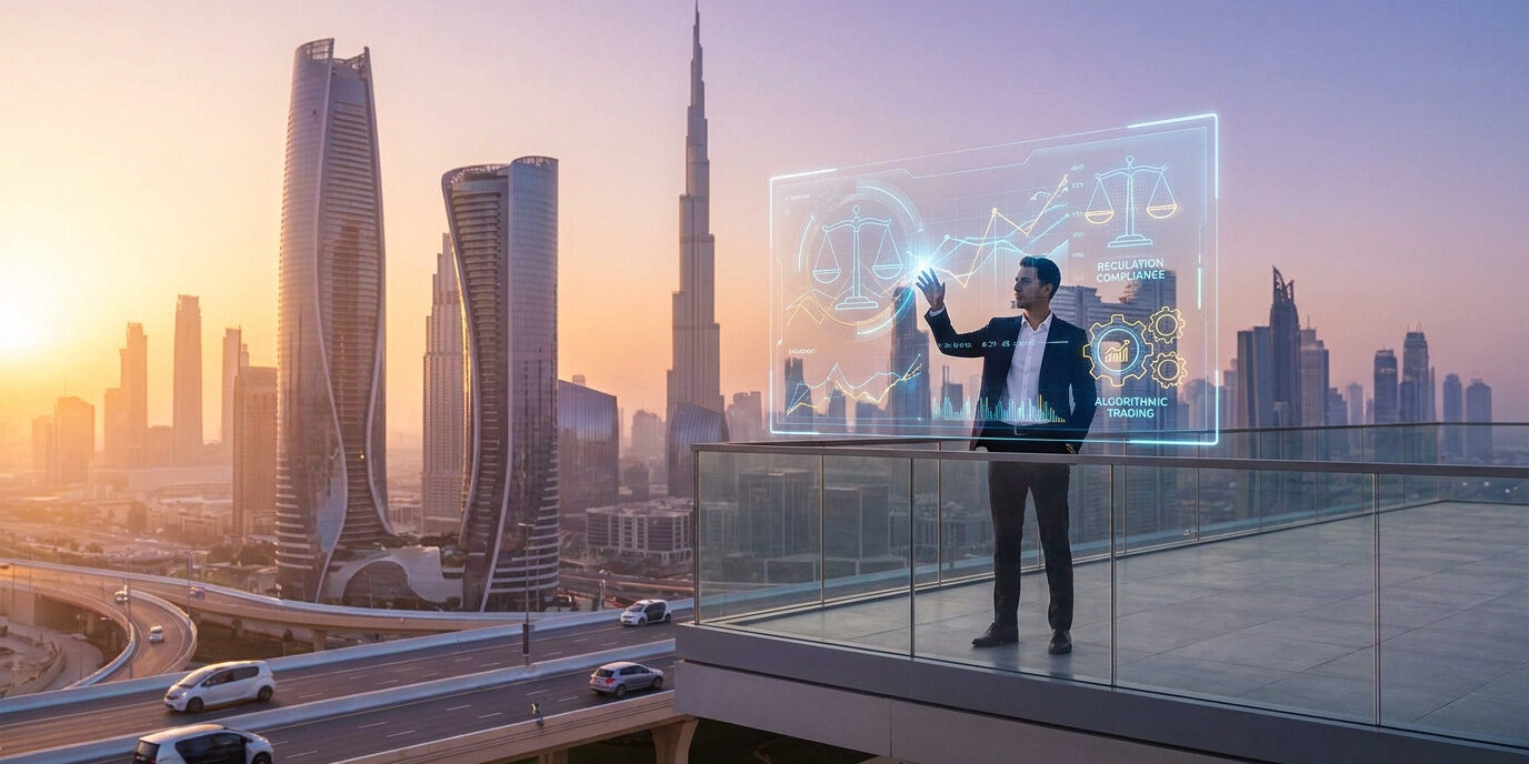 Trading algorithmique et conformité à Dubaï Un homme d'affaires sur un balcon à Dubaï manipulant une interface numérique de trading et de conformité réglementaire.
