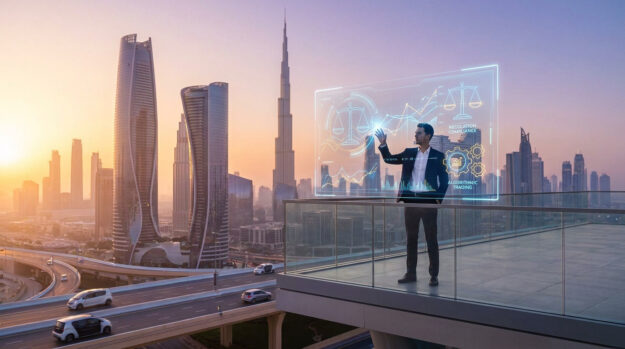Un homme d'affaires sur un balcon à Dubaï manipulant une interface numérique de trading et de conformité réglementaire.