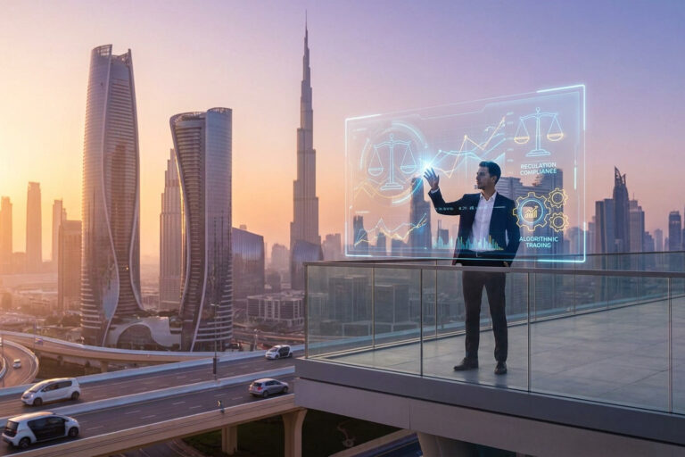 Un homme d'affaires sur un balcon à Dubaï manipulant une interface numérique de trading et de conformité réglementaire.