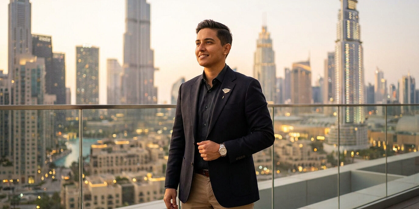 Expert en carrière sur le Golden Visa à Dubaï Un professionnel souriant en blazer noir devant la ligne d'horizon de Dubaï au coucher du soleil.