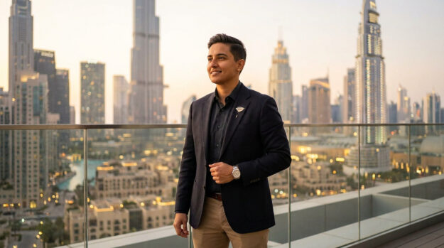 Un professionnel souriant en blazer noir devant la ligne d'horizon de Dubaï au coucher du soleil.