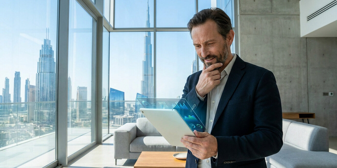 Un homme d'affaires consulte des données financières sur une tablette numérique avec la skyline de Dubaï en arrière-plan.