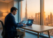 Un homme en costume gérant ses finances sur ordinateur face à la skyline de Dubaï au coucher du soleil.