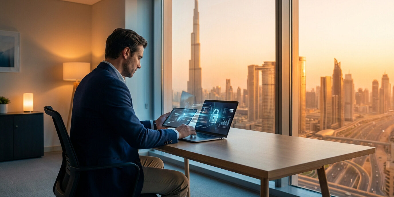 Gérer son épargne depuis Dubaï Un homme en costume gérant ses finances sur ordinateur face à la skyline de Dubaï au coucher du soleil.