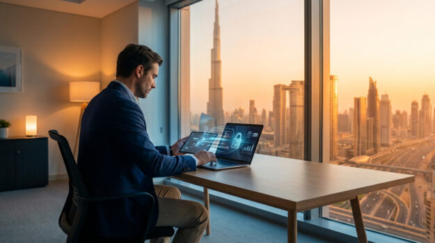 Un homme en costume gérant ses finances sur ordinateur face à la skyline de Dubaï au coucher du soleil.