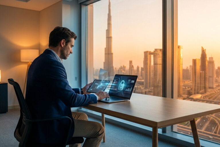 Un homme en costume gérant ses finances sur ordinateur face à la skyline de Dubaï au coucher du soleil.