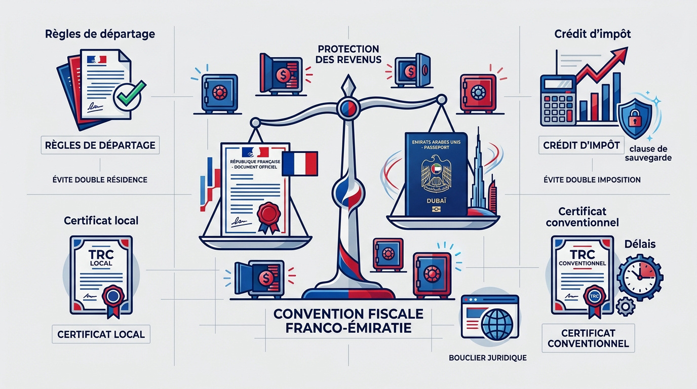 Infographie expliquant les mécanismes de la convention fiscale entre la France et les Émirats arabes unis