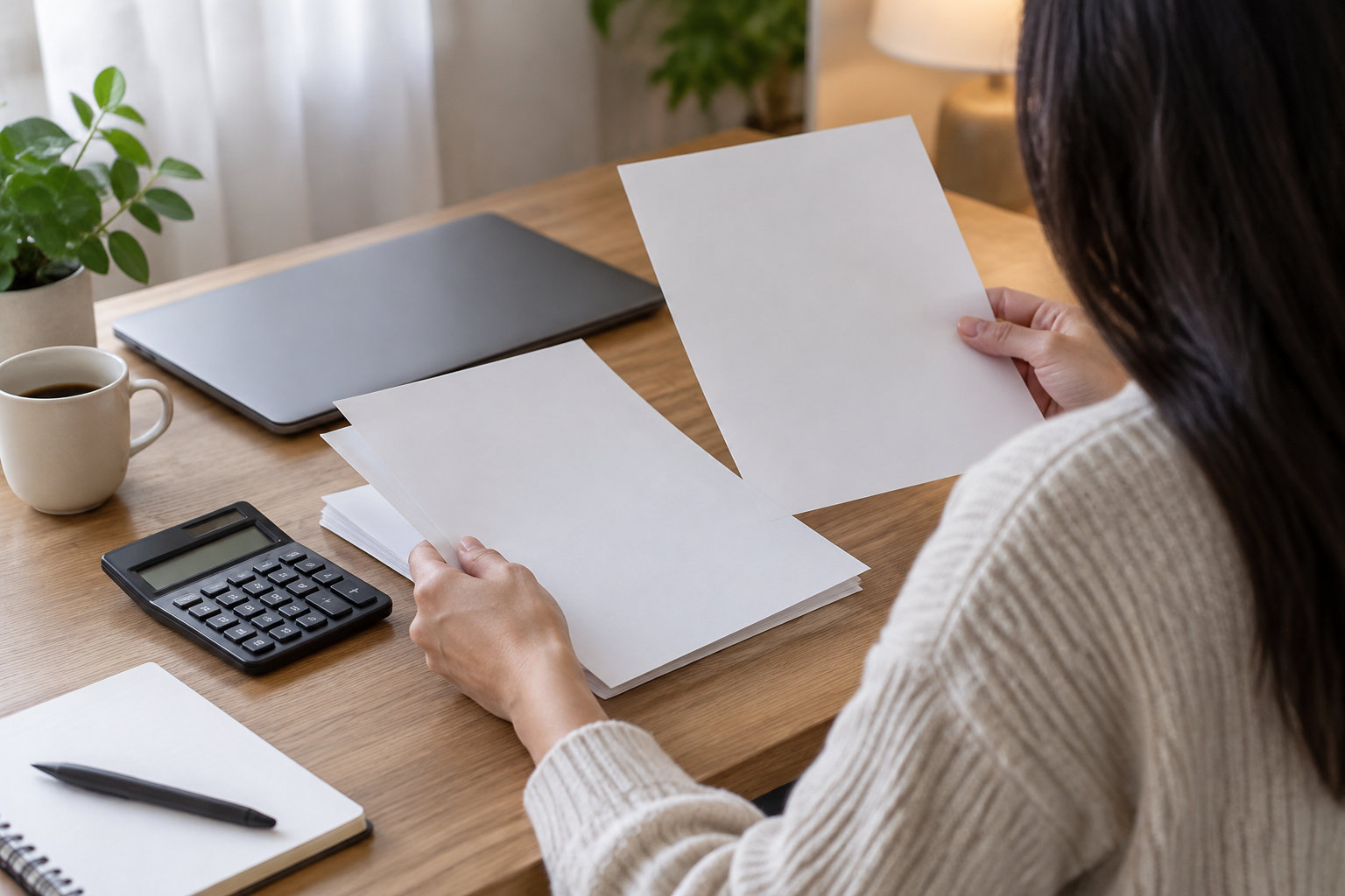 Une personne assise à un bureau tient plusieurs feuilles blanches, avec une calculatrice, un ordinateur portable fermé, une tasse de café et un carnet à proximité.