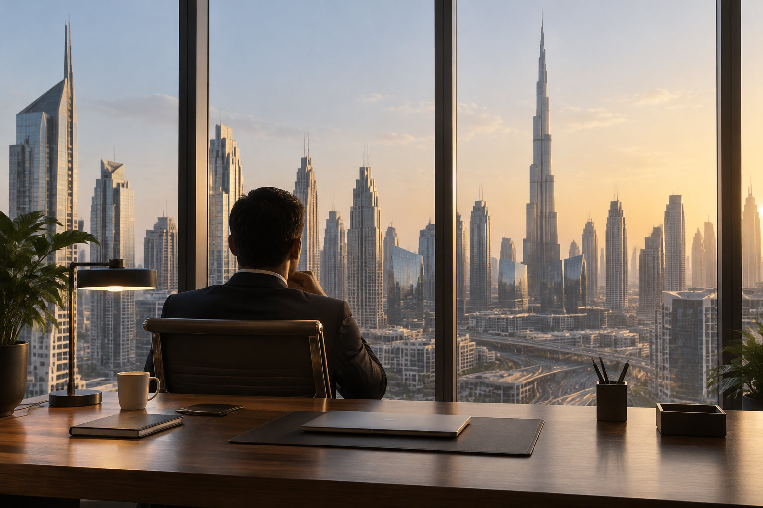 Un homme en costume est assis à un bureau devant une grande baie vitrée, contemplant une ville aux nombreux gratte-ciel au coucher du soleil.