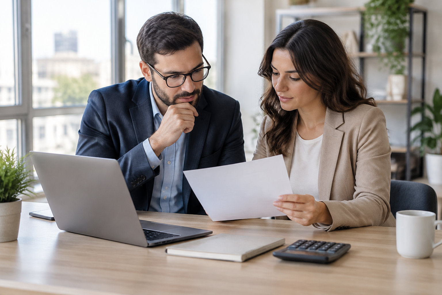 Un homme et une femme examinent une feuille devant un ordinateur portable, avec un carnet, une calculatrice et une tasse sur la table.