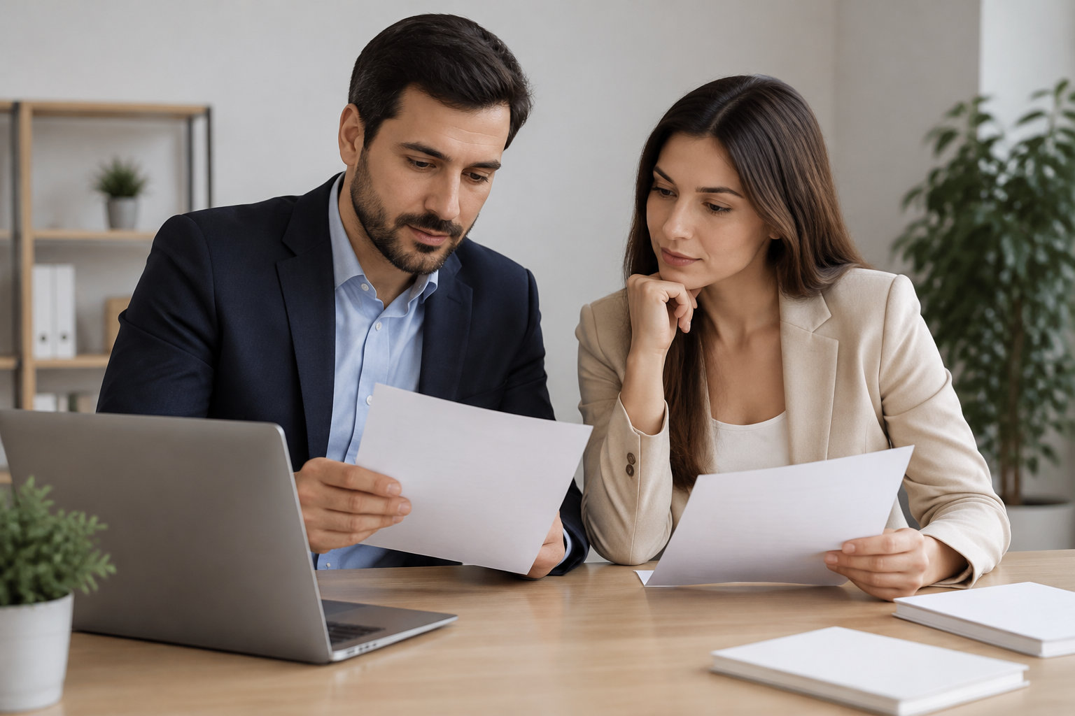 Un homme et une femme assis à un bureau examinent des feuilles près d’un ordinateur portable.