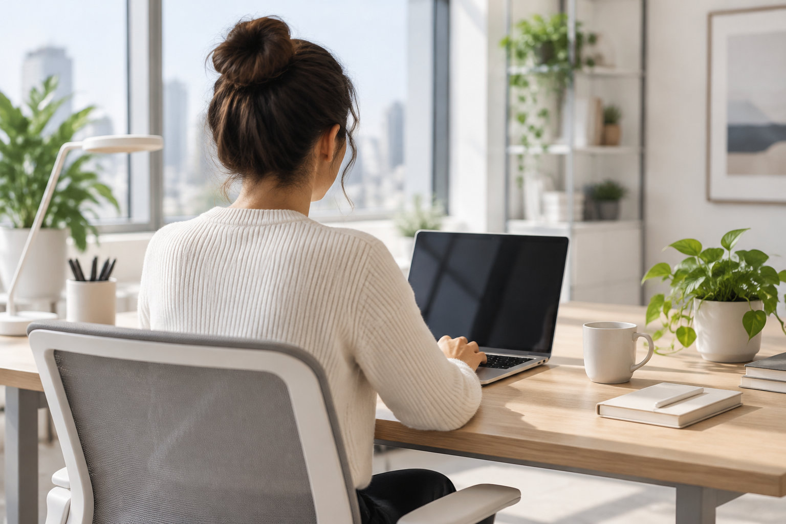 Une femme assise à un bureau utilise un ordinateur portable, dans un espace lumineux avec des plantes, une tasse et des livres.