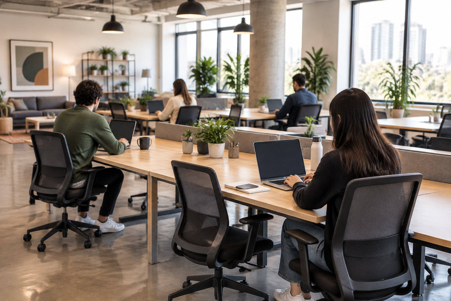Plusieurs personnes travaillent sur des ordinateurs portables dans un espace de coworking lumineux, aménagé de longues tables, de plantes et de grandes fenêtres.