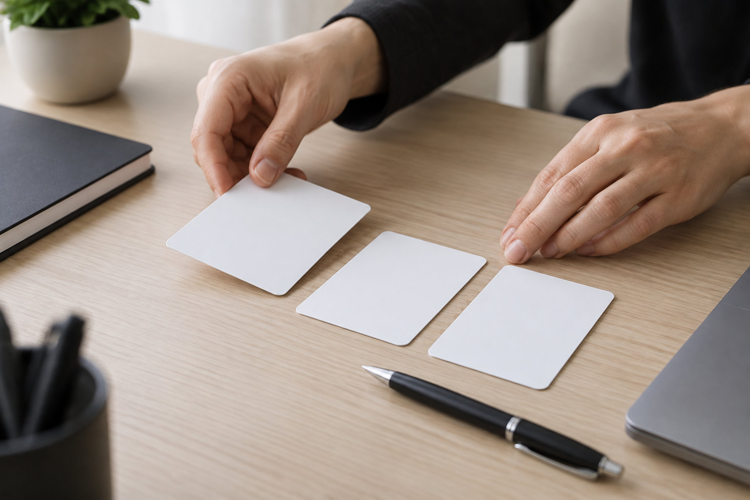 Des mains disposent trois cartes blanches sur un bureau en bois, près d’un carnet, d’un stylo, d’un ordinateur portable et d’une plante.