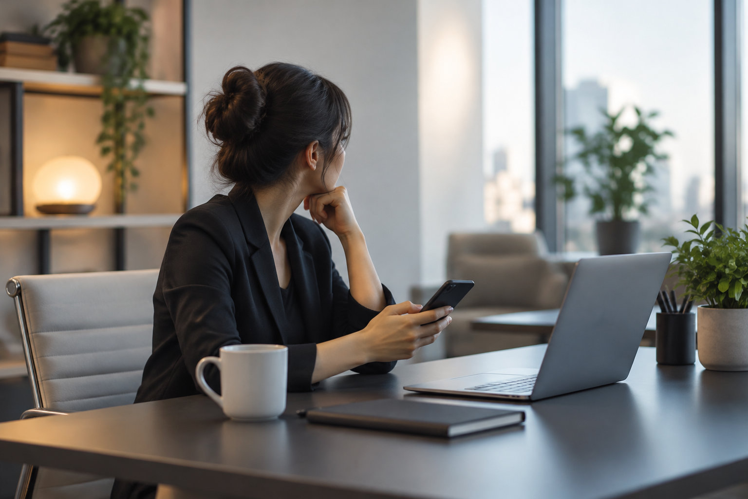 Une femme assise à un bureau regarde par la fenêtre en tenant un téléphone, près d’un ordinateur portable, d’une tasse et d’un carnet.