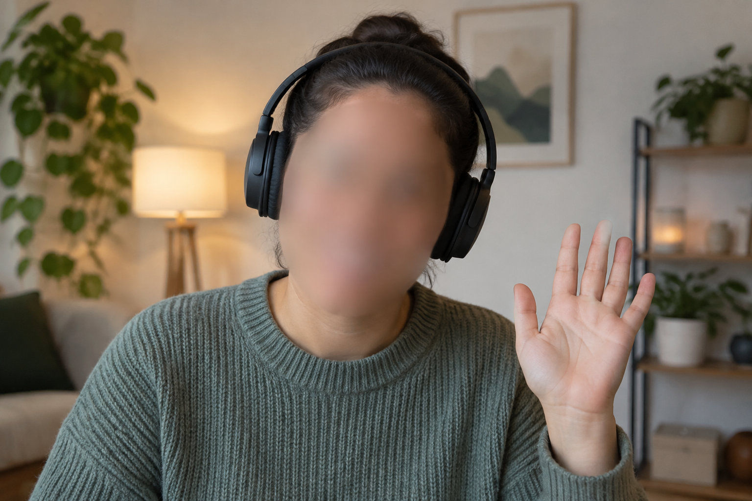 Une personne portant un casque audio lève la main dans un salon éclairé par une lampe, avec des plantes et des étagères en arrière-plan.