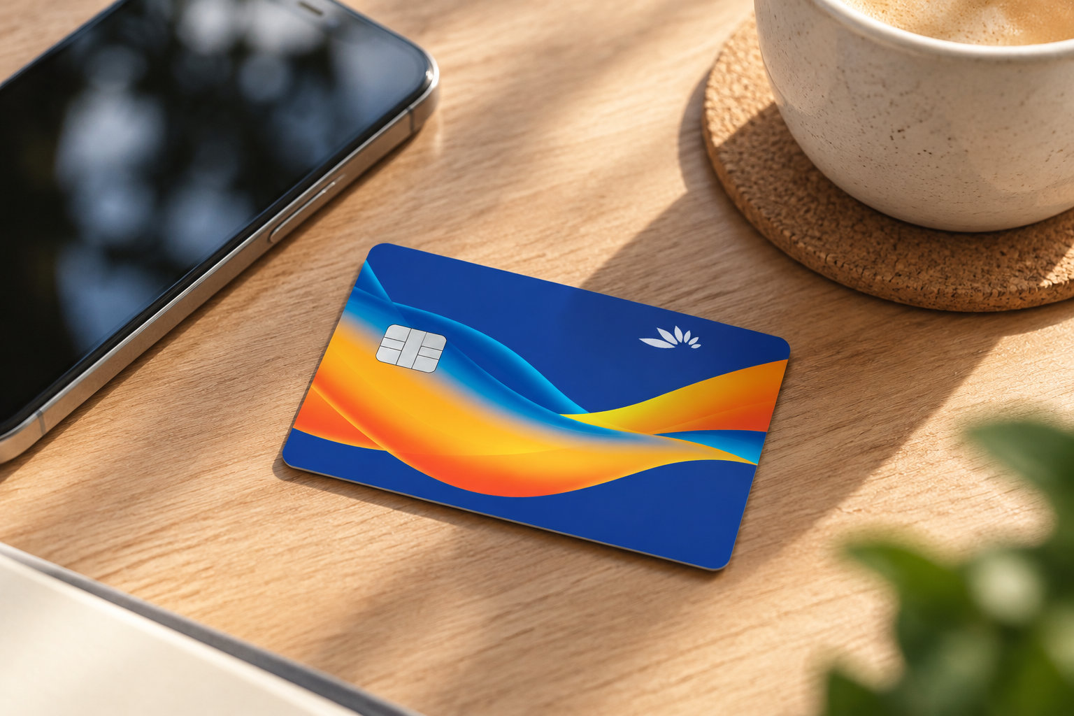 Une carte bancaire bleue ornée de motifs colorés est posée sur une table en bois, près d’un téléphone et d’une tasse.