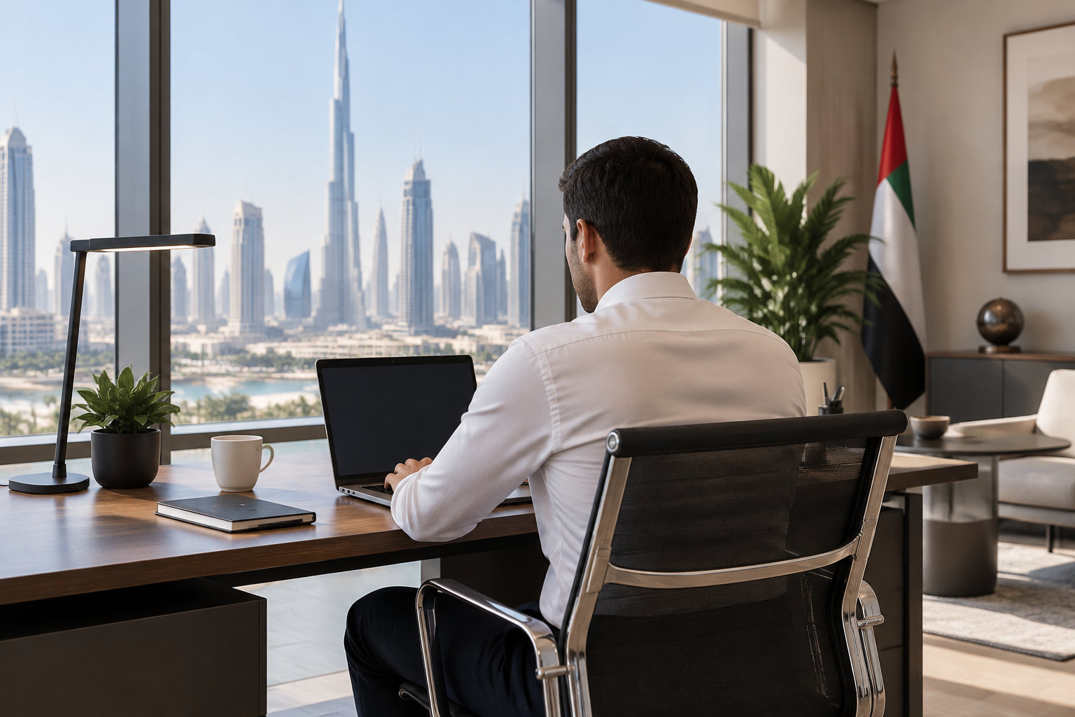 Un homme assis à un bureau utilise un ordinateur portable face à une grande baie vitrée donnant sur une ville, avec un drapeau, des plantes et du mobilier de bureau autour de lui.