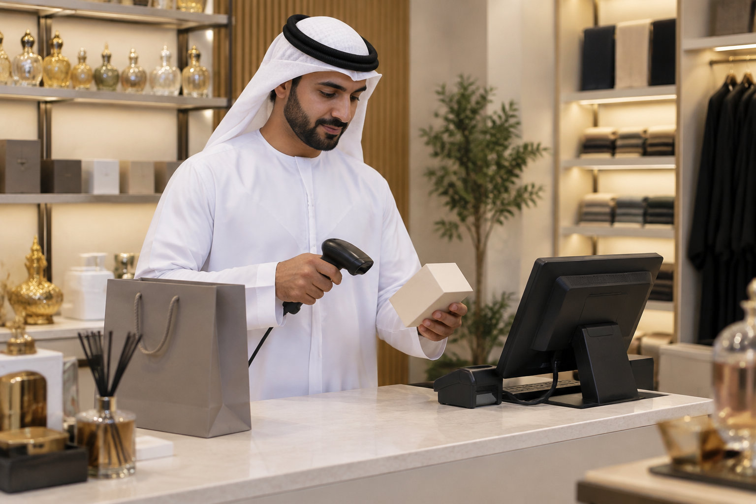 Un homme en tenue traditionnelle scanne un petit coffret à la caisse d’une boutique de luxe.