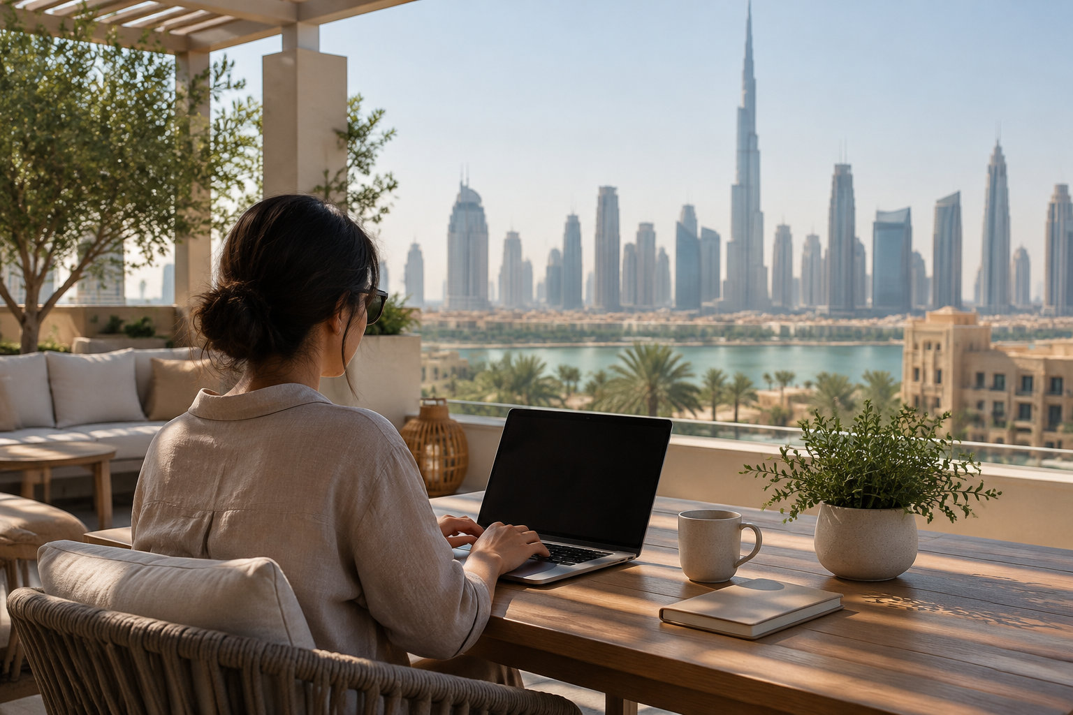 Une femme assise à une table sur une terrasse utilise un ordinateur portable, avec une tasse et un carnet devant elle et une ville de gratte-ciel en arrière-plan.