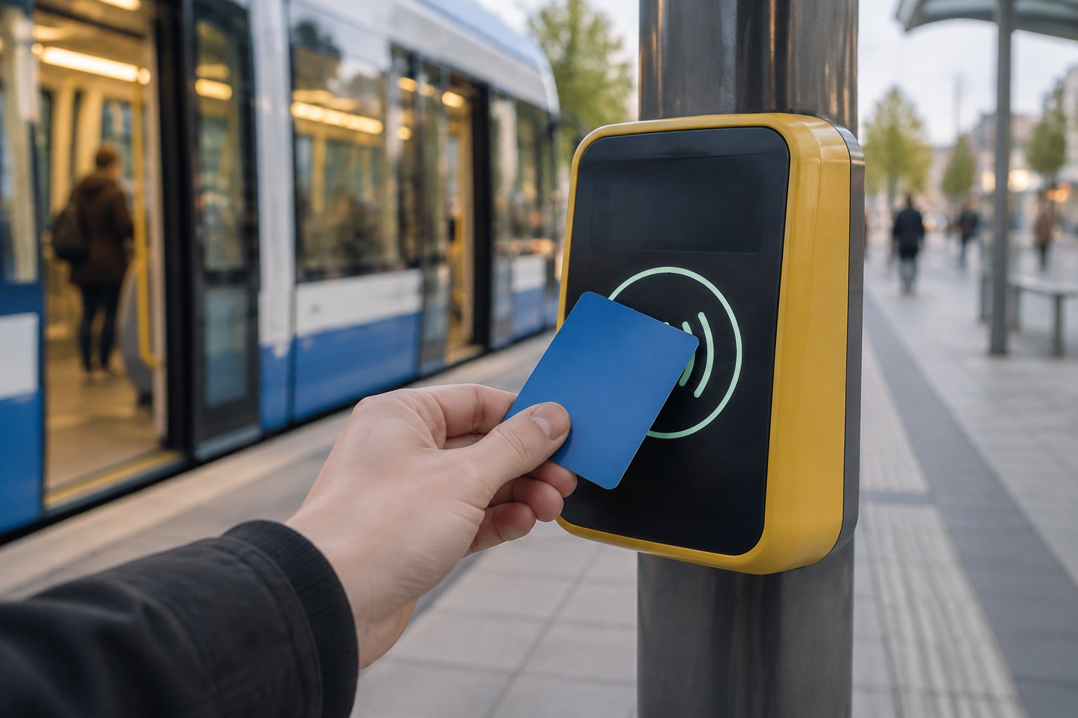 Une main approche une carte bleue d’un lecteur sans contact jaune, devant un tramway à quai.