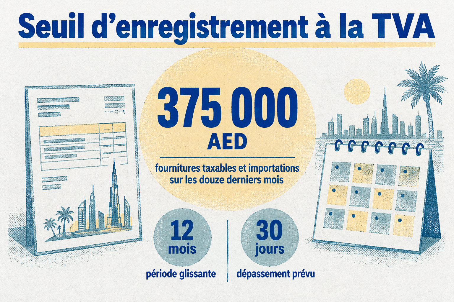 Une entreprise résidente doit s’enregistrer à la TVA si ses fournitures taxables et importations dépassent 375 000 AED sur douze mois glissants, ou si elle prévoit ce dépassement dans les trente prochains jours.