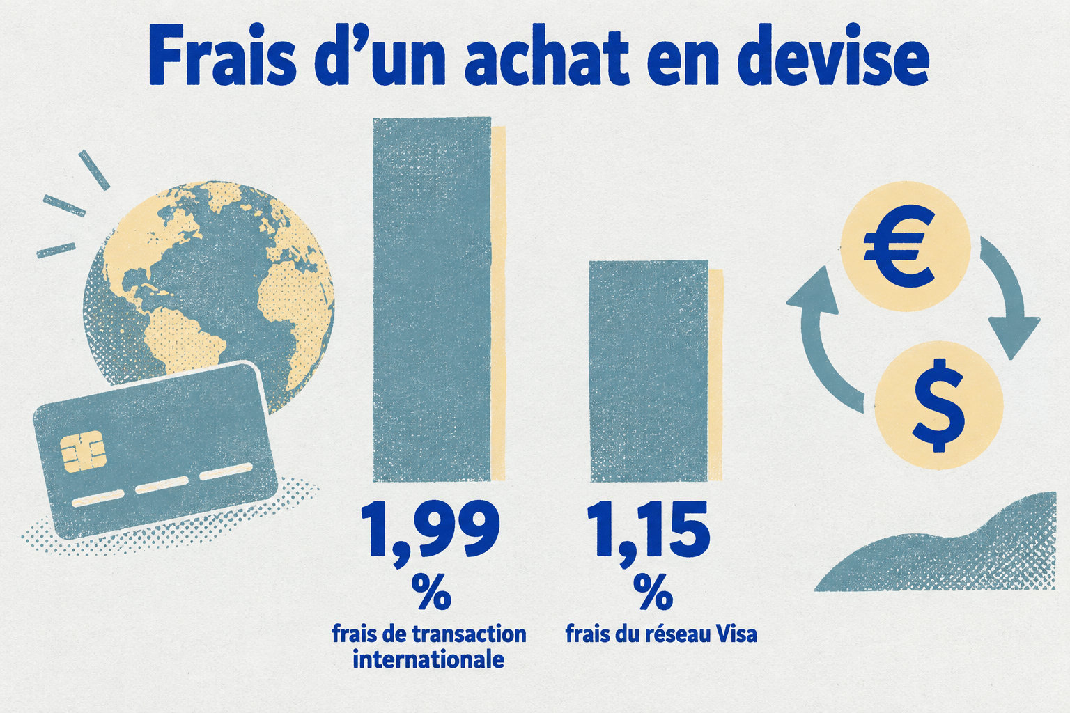 Un achat par carte Emirates NBD en devise étrangère entraîne 1,99 % de frais de transaction internationale et environ 1,15 % de frais du réseau Visa ; une marge du commerçant peut s’ajouter.