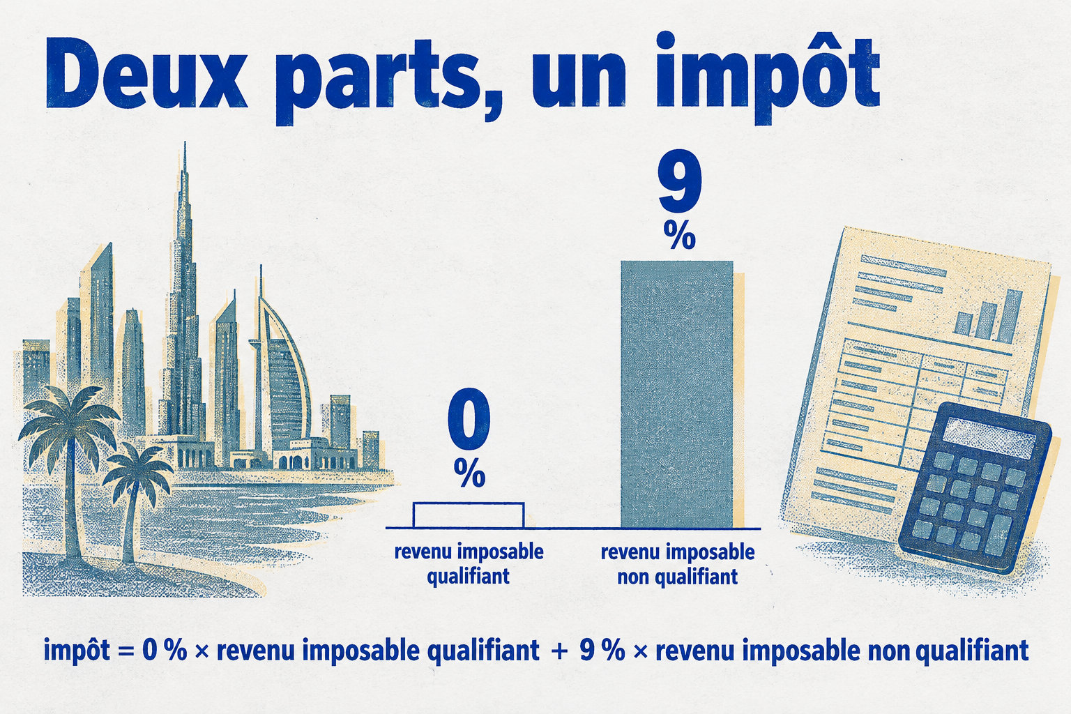 Le revenu imposable qualifiant d’une QFZP est taxé à 0 % et le revenu imposable non qualifiant à 9 %, selon la formule affichée.