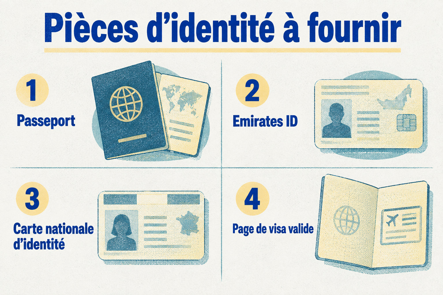 Les pièces à prévoir sont le passeport, l’Emirates ID si la personne en possède une, ou une carte nationale d’identité acceptée par Mashreq, ainsi que la page de visa valide lorsqu’elle est demandée.