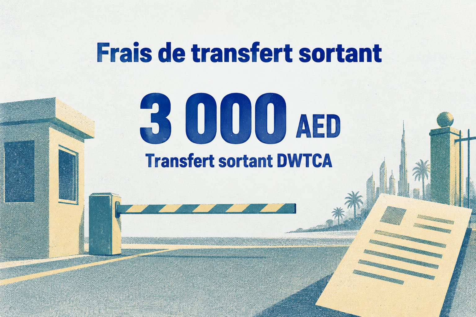Le transfert sortant chez DWTCA coûte 3 000 AED, hors éventuels frais de la zone d’arrivée ou autres frais du dossier.