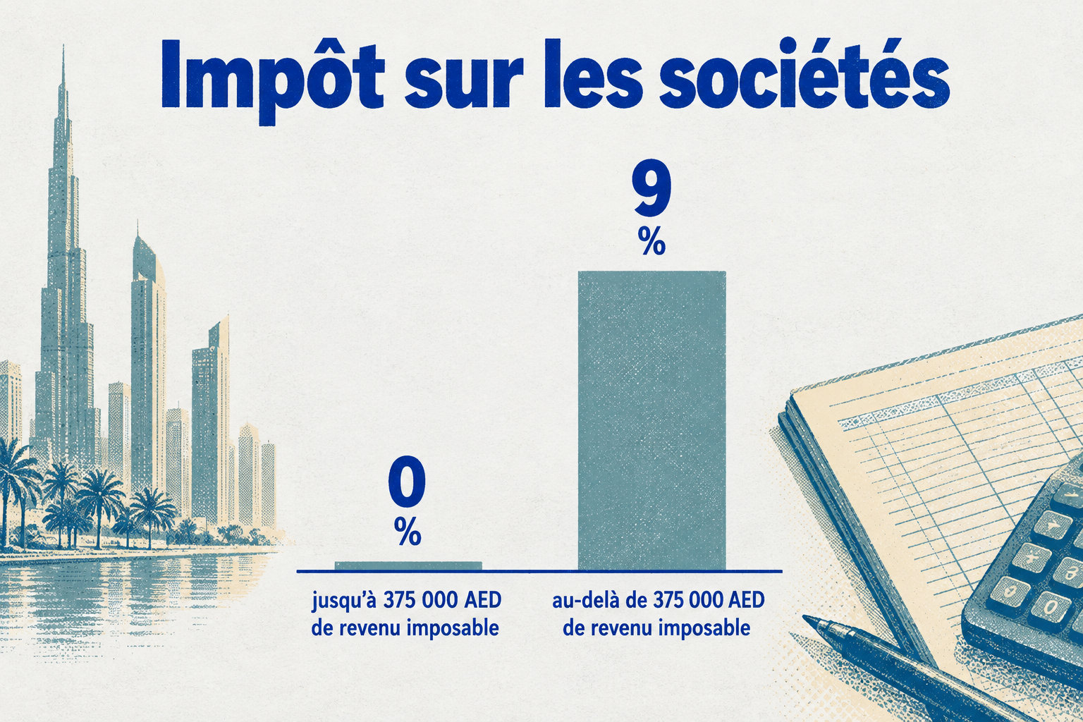 Le taux est de 0 % jusqu’à 375 000 AED de revenu imposable, puis de 9 % au-delà de ce seuil.