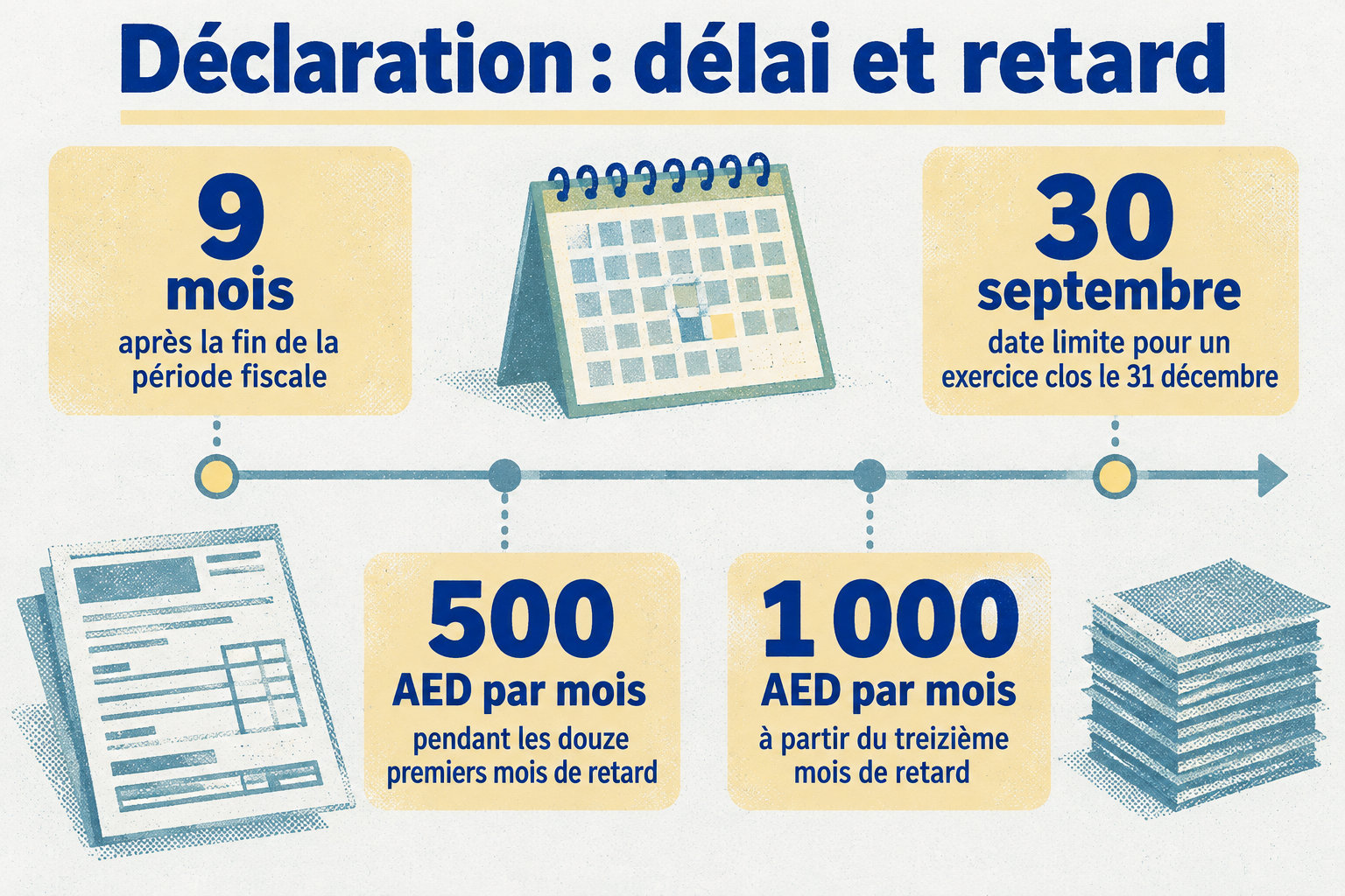 La déclaration est due dans les neuf mois suivant la fin de la période fiscale ; pour un exercice clos le 31 décembre, la date limite est le 30 septembre. Le retard coûte 500 AED par mois durant les douze premiers mois, puis 1 000 AED par mois à partir du treizième.